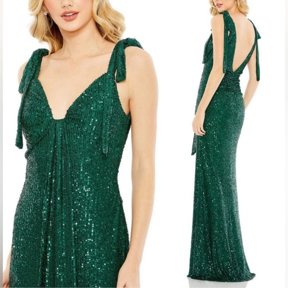 Mac Duggal 26693 Sequined Low Back Bow Shoulder Gown - Picture 1 of 7